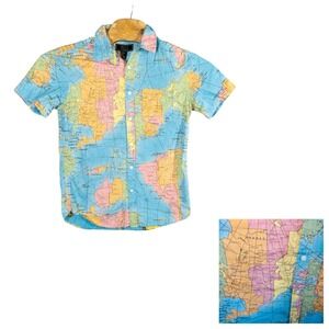 Map Geography Button Up Shirt Mens S School Teacher Cartography World Map‎ AOP